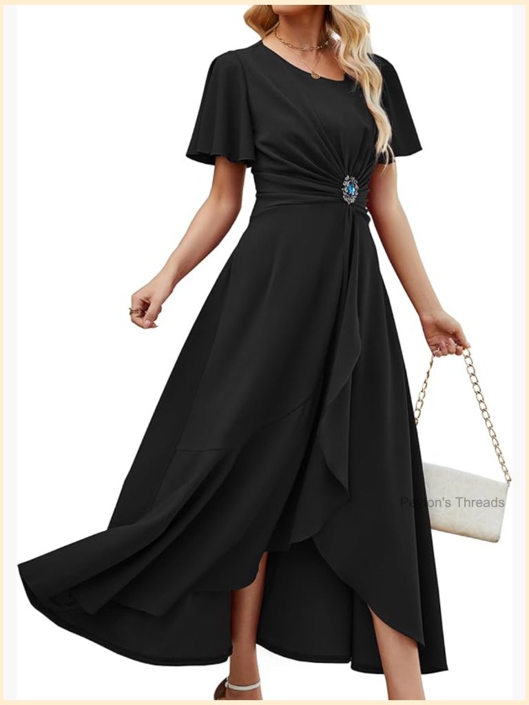 Formal A-Line Midi Dress With Pockets Ruffle Sleeve V-Neck